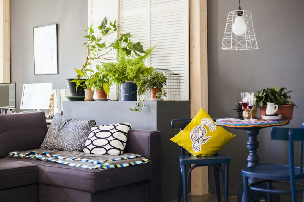 Sala de apartamento pequeno, com sofá, travesseiros e plantas no balcão